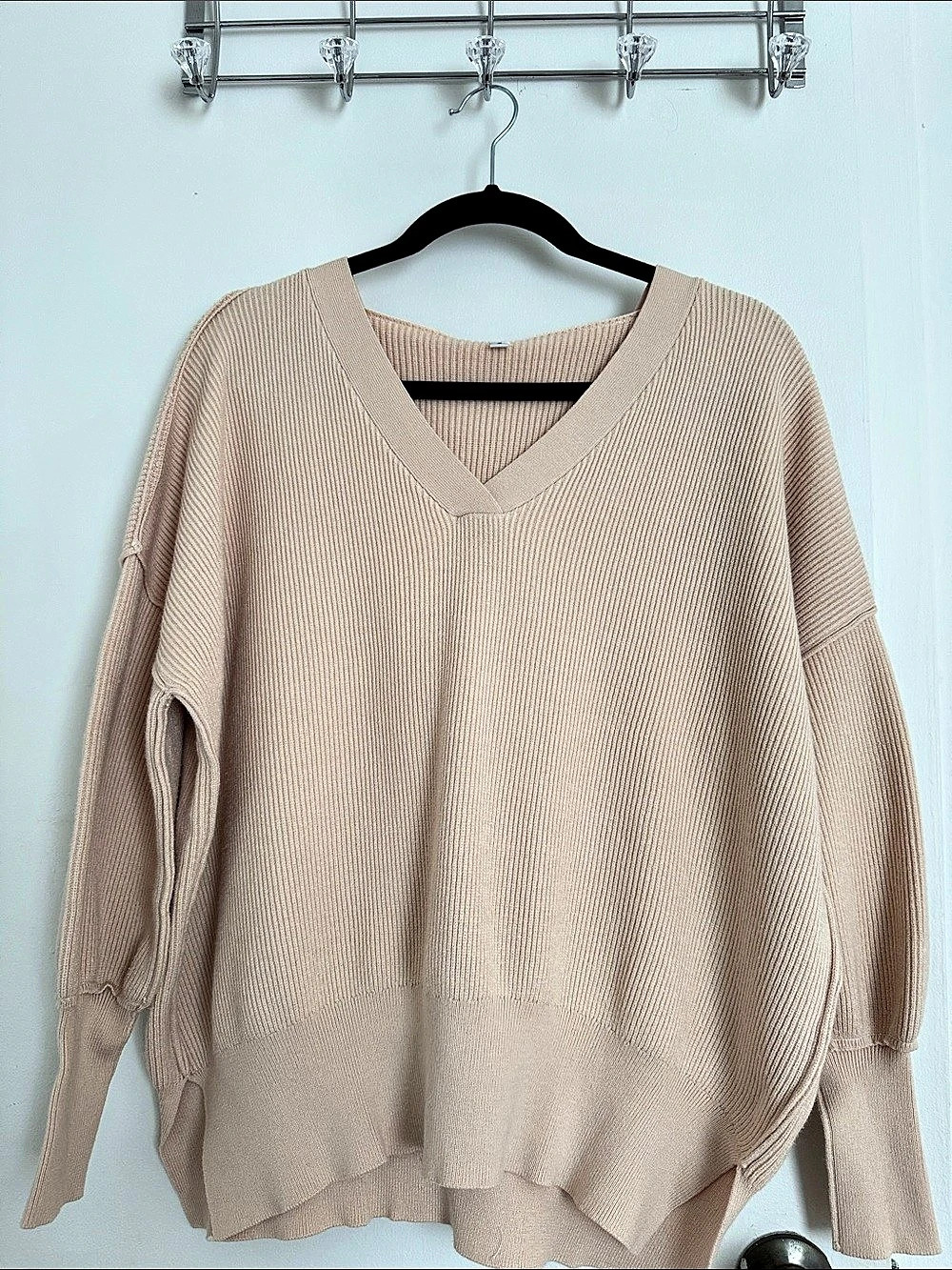 Beige Rib-Knit V-Neck Hooded Sweater Exposed Seams - Size S